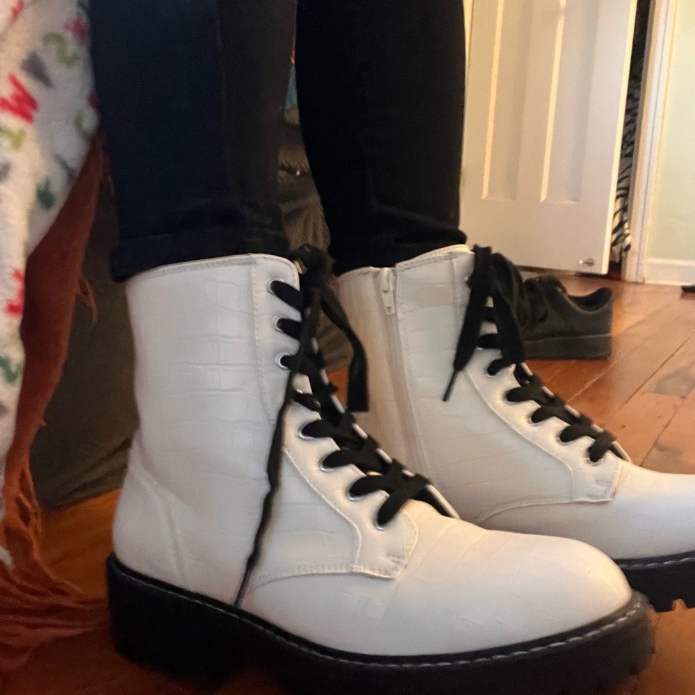 White Lace-Up Combat Boots